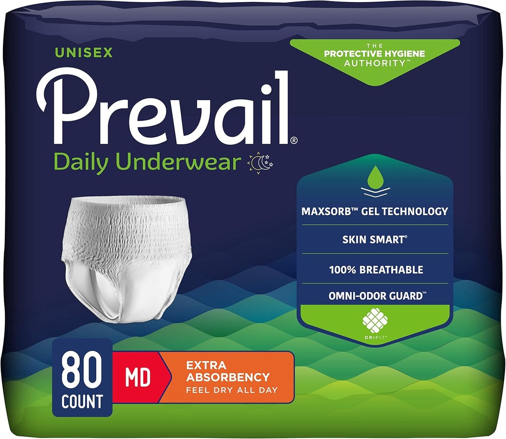 Roupa interior protetora diária Prevail - Unisex Adult Incontinence Underwear - Display Adult Diaper para homens e mulheres - Absorbência máxima - Médio - 80 Conde (4 pacotes de 20)