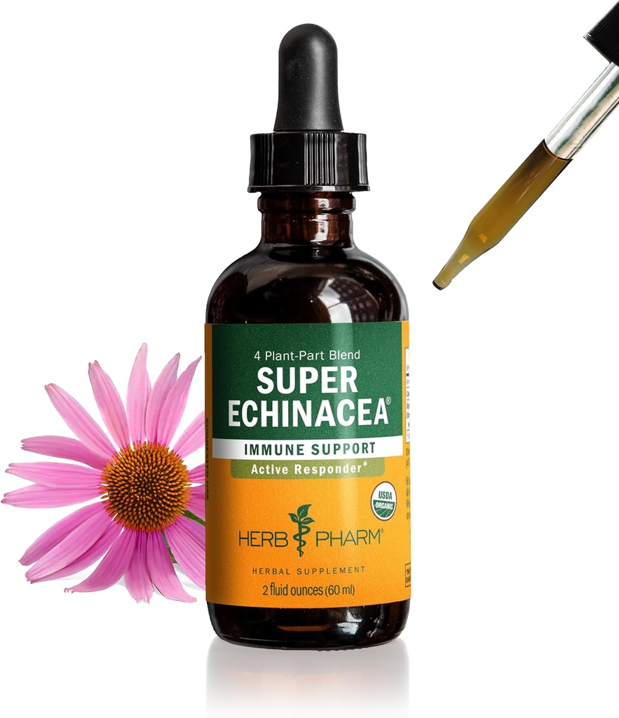 Herb Pharm Certified Organic Super Echinacea Liquid Extract Drops for Active Imūnsistēmas atbalsts, 2 Oz