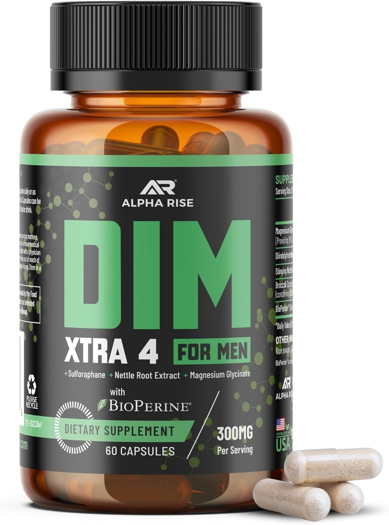 Premium DIM supplement til mænd Note 124; Østrogen Blocker & Aromatase Inhibitor Note 124; Diindolylmethan, Nettle Root Extract, Magnesium Glycinate & Sulforaphane; Hormon Balance & Lever Protection
