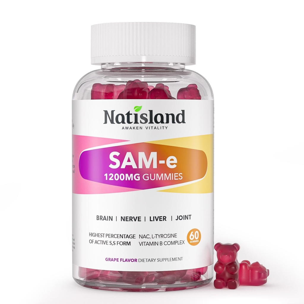 SAM-e with L-Tyrosine Gummies, Methylated Vitamin B-Complex & NAC, 1200mg SAM e Supplement, Methyl Folate and B12, for Stress Relief & Brain Support, Liver & Joint Health, Gluten-Free, Vegan, 60 Ct