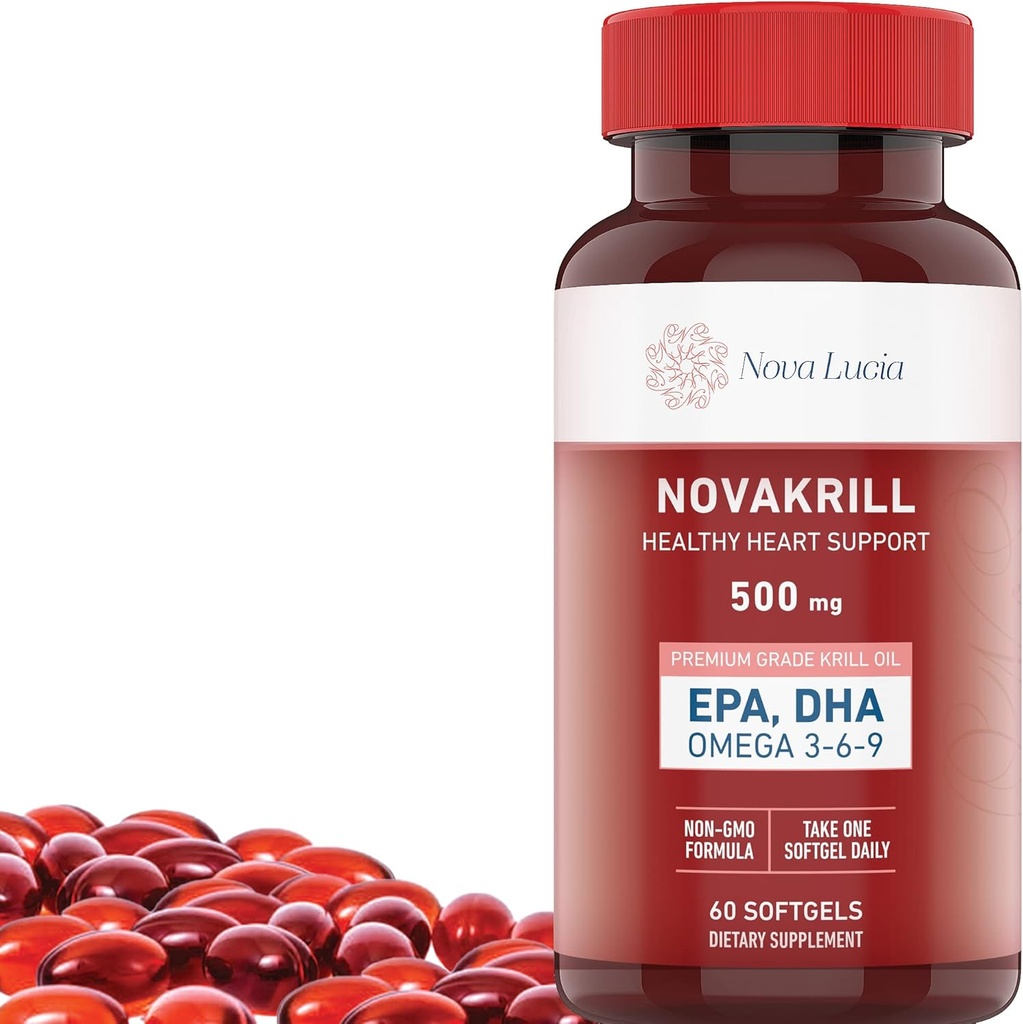 NovaKrill Krill Oil Omega 3 supplement – 1000mg Softgels with EPA, DHA, Astaxanthin – No Fishy Aftertaste – easy to Swallow Antarctic Krill Oil – 60 Liquid Capsules