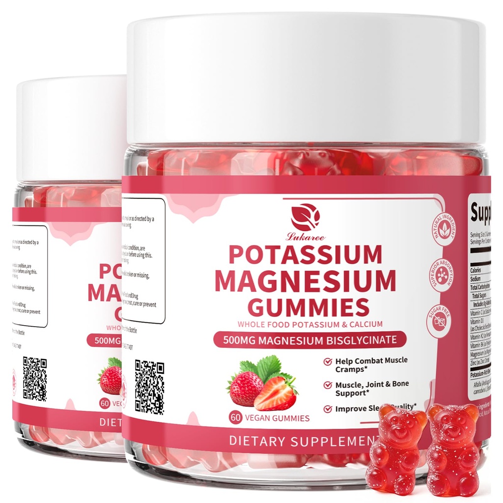 Lukaree Magnesium Potassium Supplement Gummies - New Formula Calm Magnesium Bisglycinate Gummies & Plant Potassium Plus Chia Seeds, B6, D3, K2 & Calcium for Sleep, Leg Cramps & Muscle -Vegan,60 Count