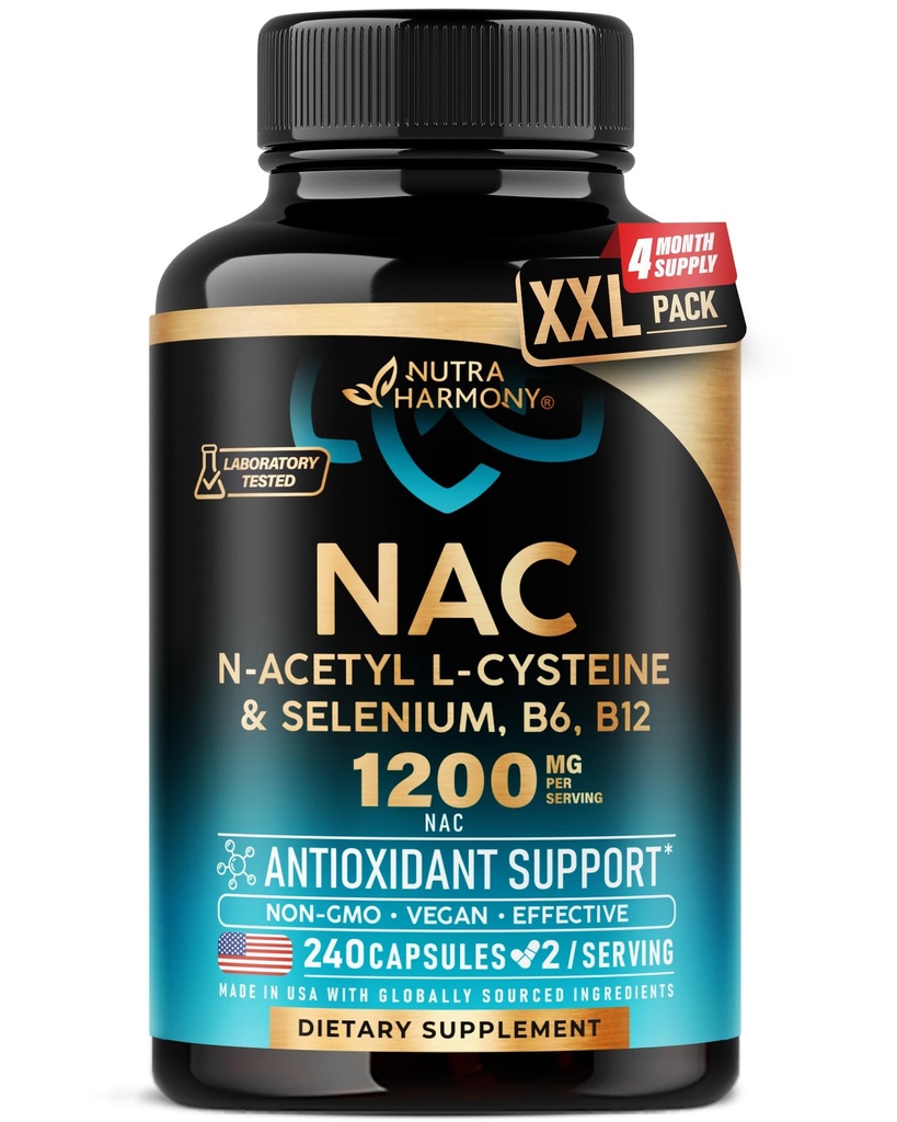 NAC Supplement | Selenium | B6 | B12 - Antioxidant, Immune Support - N Acetyl Cysteine 600 mg per Capsule, 1200 mg per Serving - Lab Tested - Non-GMO, Gluten-Free, Vegan - 240 Caps, 4 Month Supply