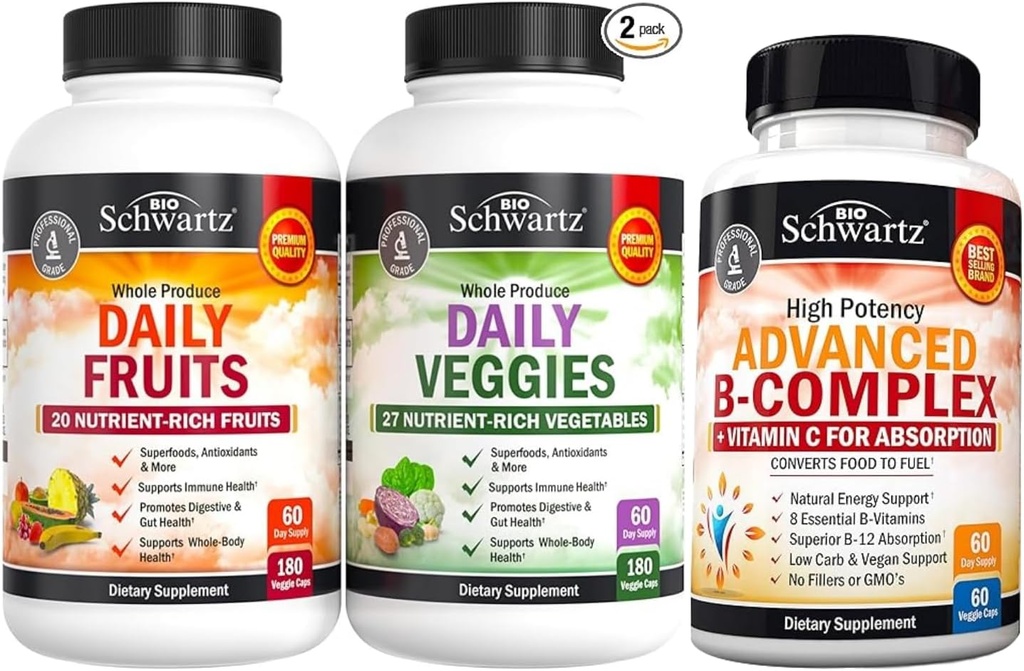 BioSchwartz Daily Fruits and Veggies Supplement für Frauen und Männer (2 Monate Versorgung) Plus Vitamin B Complex mit Vitamin C (2 Monate Versorgung)