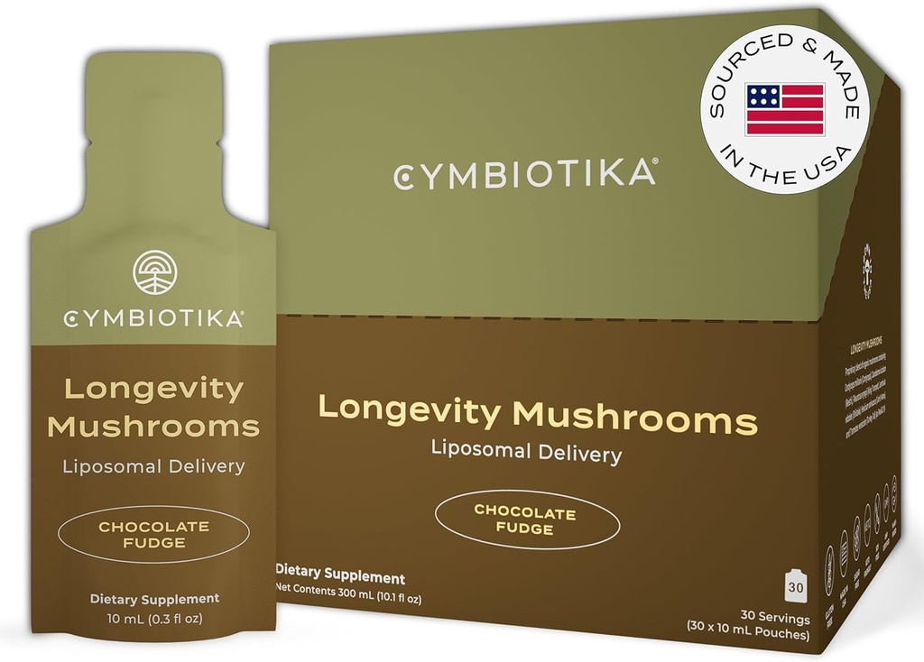 CYMBIOTIKA Liposomal Mushroom with Lion's Mane, טורקיה Tail, B-Vitamins, Cordyceps & Reishi Mushrooms, תוספי תמיכה כספית ואנרגיה, שוקולד Fudgeor, 30 PackP Pack Flavor