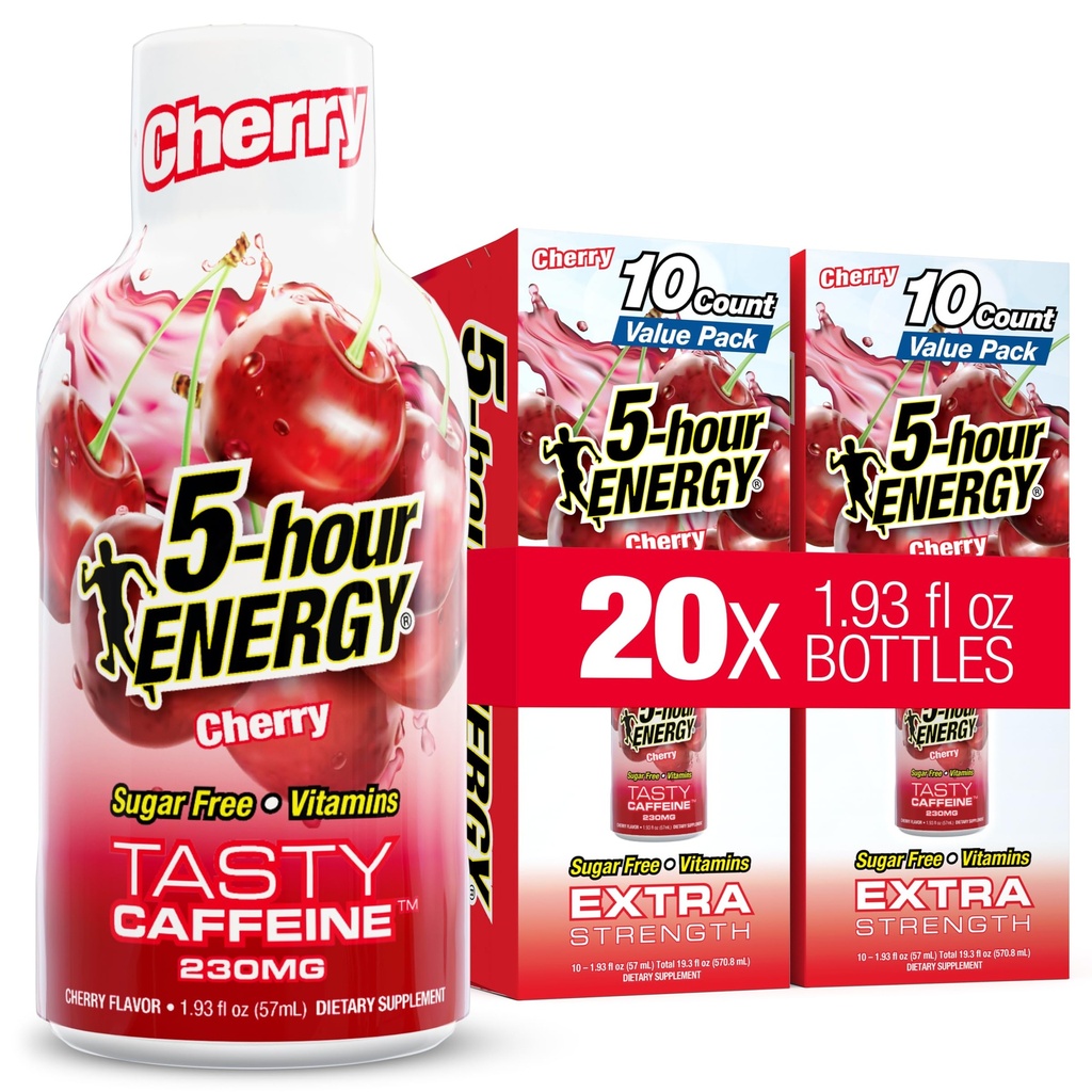 5-hour ENERGY CHERRY Flavor, 20 Count, 1.93 Fl Oz Energy Shot, Extra Strength, Amino Acids, B Vitamins, Sugar Free and Zero Calories