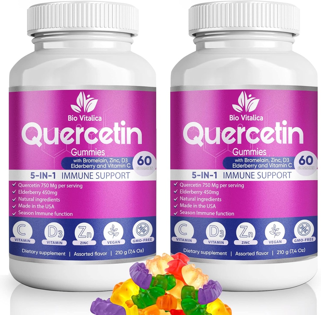 (2 Pack) Quercetin Gummies by BioVitalica - Quercetin with Bromelain Vitamin C and Cinc & Belderberry + Витамин D3-5 в 1 Имунна поддръжка - Цинк кверцетин 750 mg за деца и възрастни