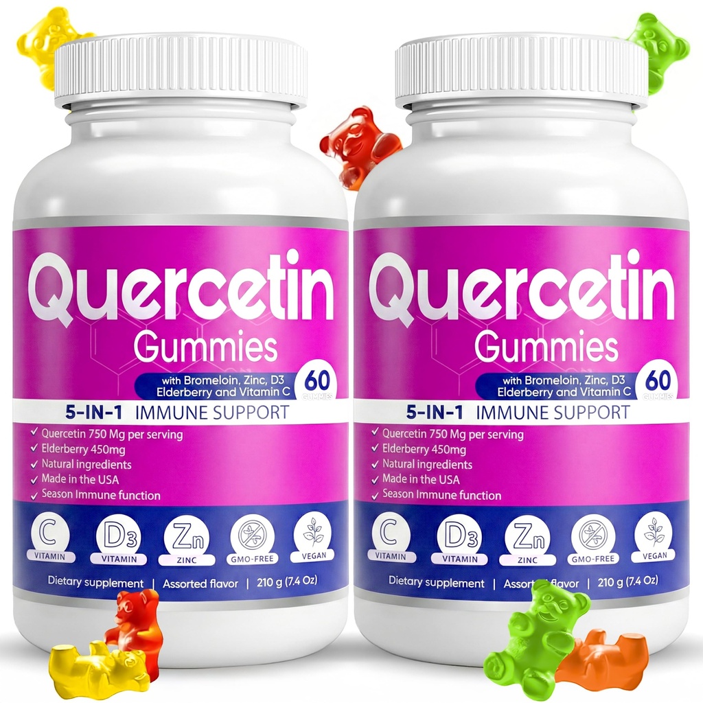(2 Pack) Quercetin Gummies by BioVitalica - Quercetin with Bromelain Vitamin C and Zinc & Elderberry + Vitamin D3-5 in 1 Immune Support - Zinc Quercetin 750 mg for Kids and Adults