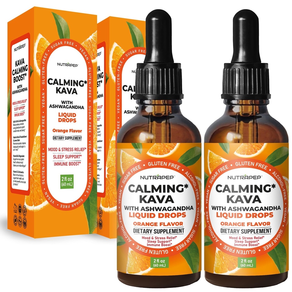 NutraPep Kava Ashwagandha Extract Liquid Drops - Calming Adaptogen Supplement with Valerian Root Passionflower Lemon Balm for Mood Rest Stress Support - Alcohol-Free Vegan Gluten-Free Non-GMO