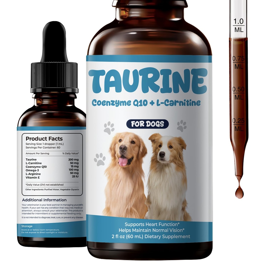 Taurine Supplement for Dogs Liquid Drops, Dog Taurine with Coenzyme Q10 & L-Carnitine, Supports Heart Function, Energy & Daily Vitality, 2 fl oz