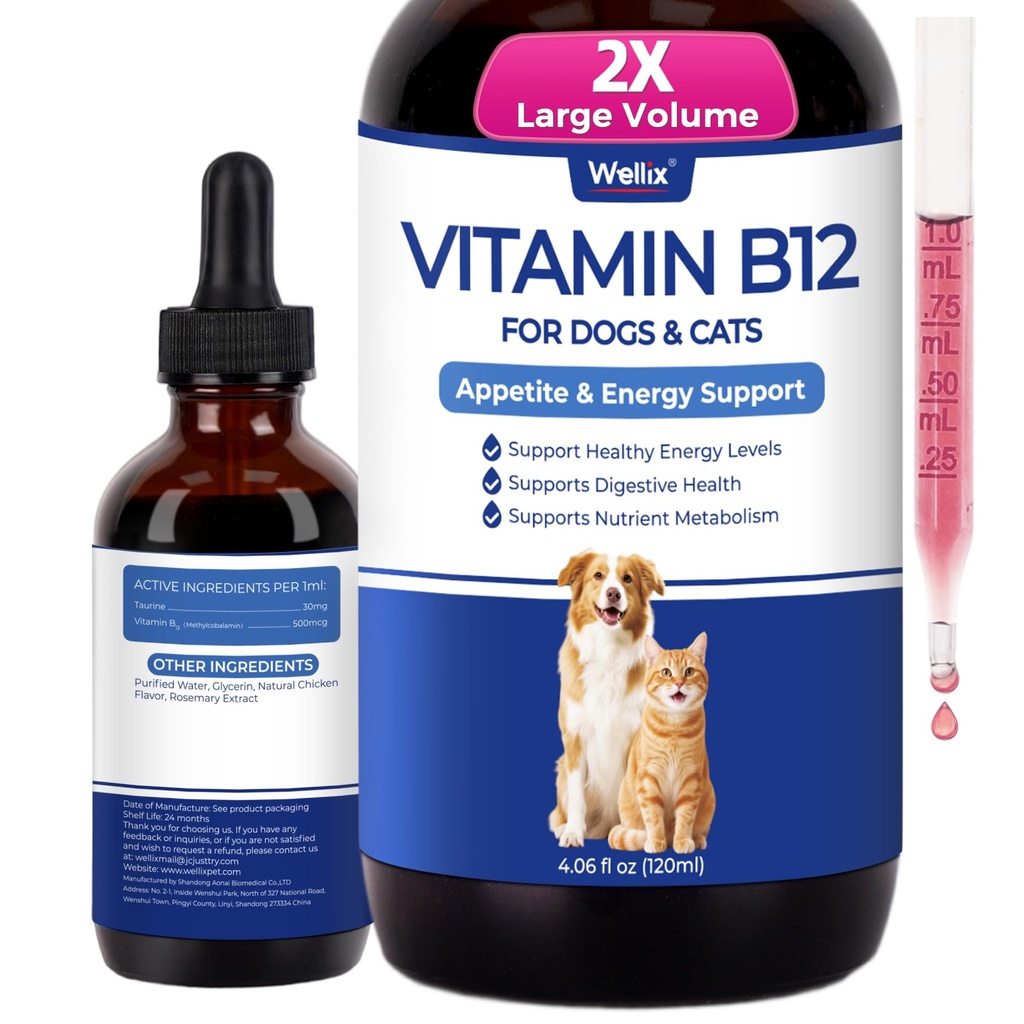 Wellix 4.06oz Vitamin B12 Liquid with Taurine for Dogs and Cats – Vet Formulated Cat&Dog Appetite Stimulant, Boosts Energy, Mood & Digestive Health – Chicken Flavor Pet Vitamins and Supplements