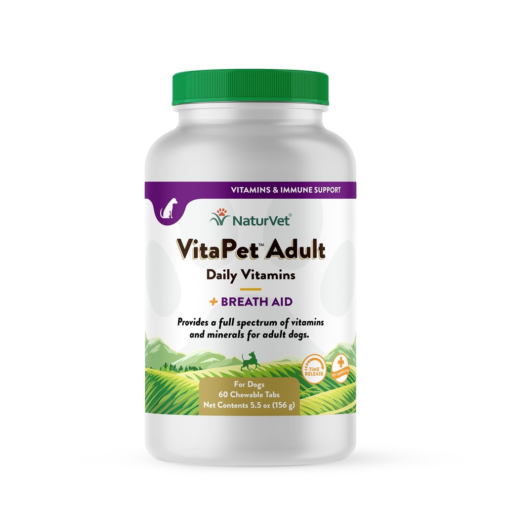 NaturVet VitaPet Adult Daily Vitamins for Dogs With Breath Aid – Includes Full Spectrum of Vitamins, Minerals, Omega-6 Fatty Acids, Parsley – Designed for Dogs Over 1 Year – 60 Ct.