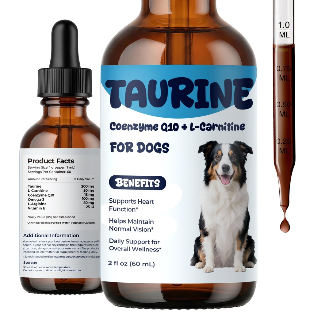 Taurine Supplement for Dogs Liquid Drops with Coenzyme Q10 & L-Carnitine – Supports Heart, Energy & Daily Activity – Easy to Add to Food, 60 ml