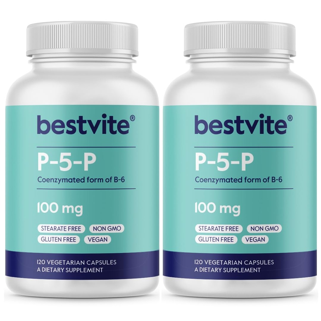 BESTVITE P-5-P 100mg (240 Vegetarian Capsules) (120 x 2) (CoEnzymated Form of B-6) - No Stearates - Vegan - Non GMO - Gluten Free