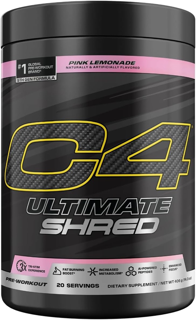 Cellucor C4 Ultimate Shred Pre harjoitusjauhe, aineenvaihduntalisä Cayenne Extract + 300 mg kofeiini + TeaCrine + Dynamiini - vaaleanpunainen sitruuna, 20 tarjoilua