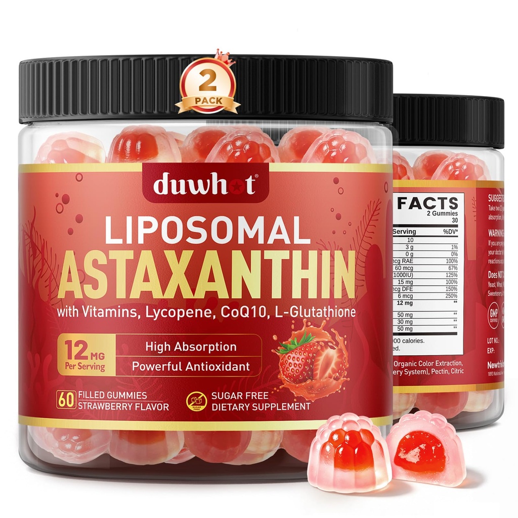 Liposomal Astaxanthin Gummies, Organic Astaxanthin 12mg Supplements with Lycopene, Glutathione for Powerful Antioxidant, Plus Vitamins & CoQ10 for Eye, Skin & Immune Health, Sugar Free, Vegan, 120