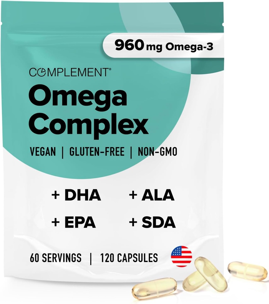 Complemento Vegan Omega 3 Suplemento- 960mg Ómega-3 ácidos gordos, DHA, EPA, SDA, Suplemento ALA - Suporte Imune- 60 Servings, 120 Cápsulas Líquidas