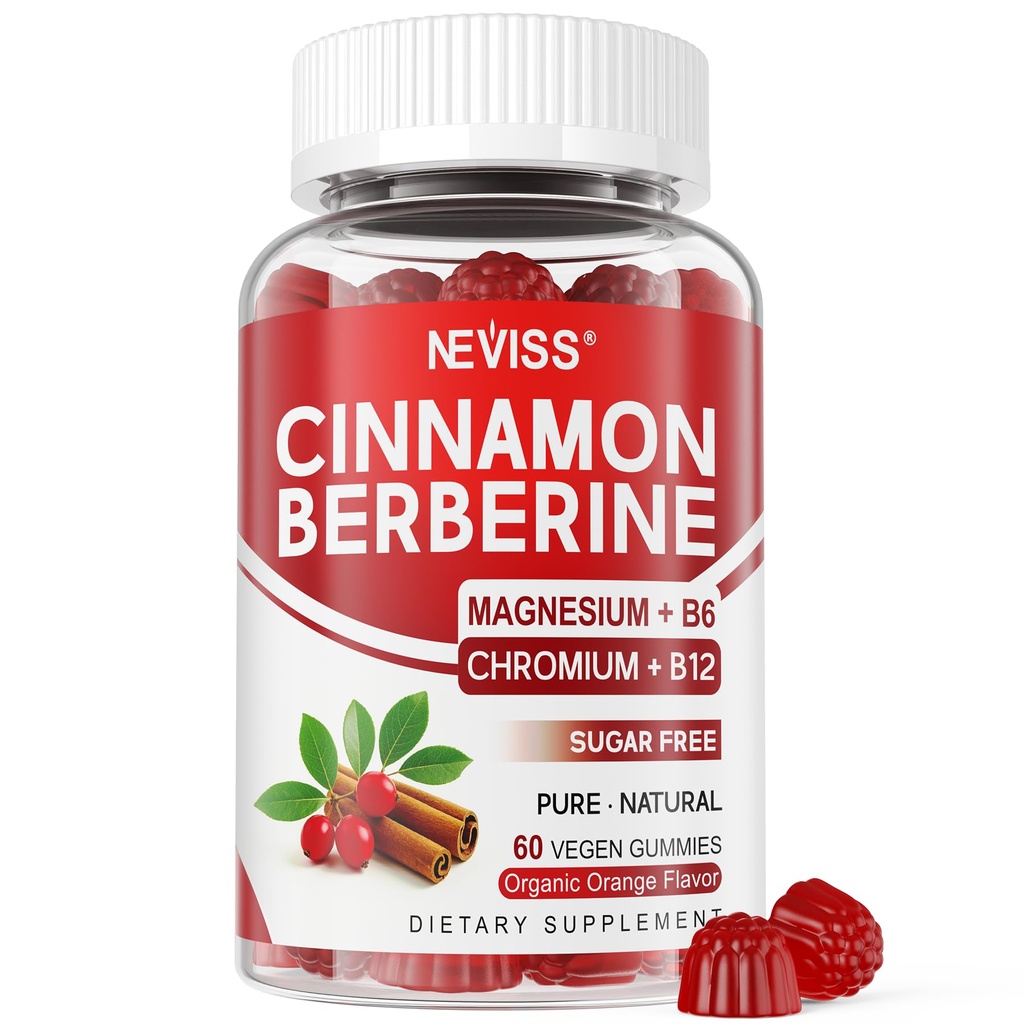 Organic Ceylon Cinnamon Berberine Supplement Gummies Sugar Free Berberine HCl Complex Gummy, Berberine with Ceylon Cinnamon, Bitter Melon, Chromium & Magnesium Glycinate, Vitamin B6 & B12, Vegan, 60ct