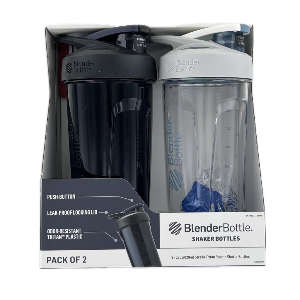 BlenderBottle Strada Shaker Bottle, 28 oz, Tritan Plastic, Leakproof Flip Cap, Wire Whisk Ball, BPA-Free (Pack of 2, Black/White)