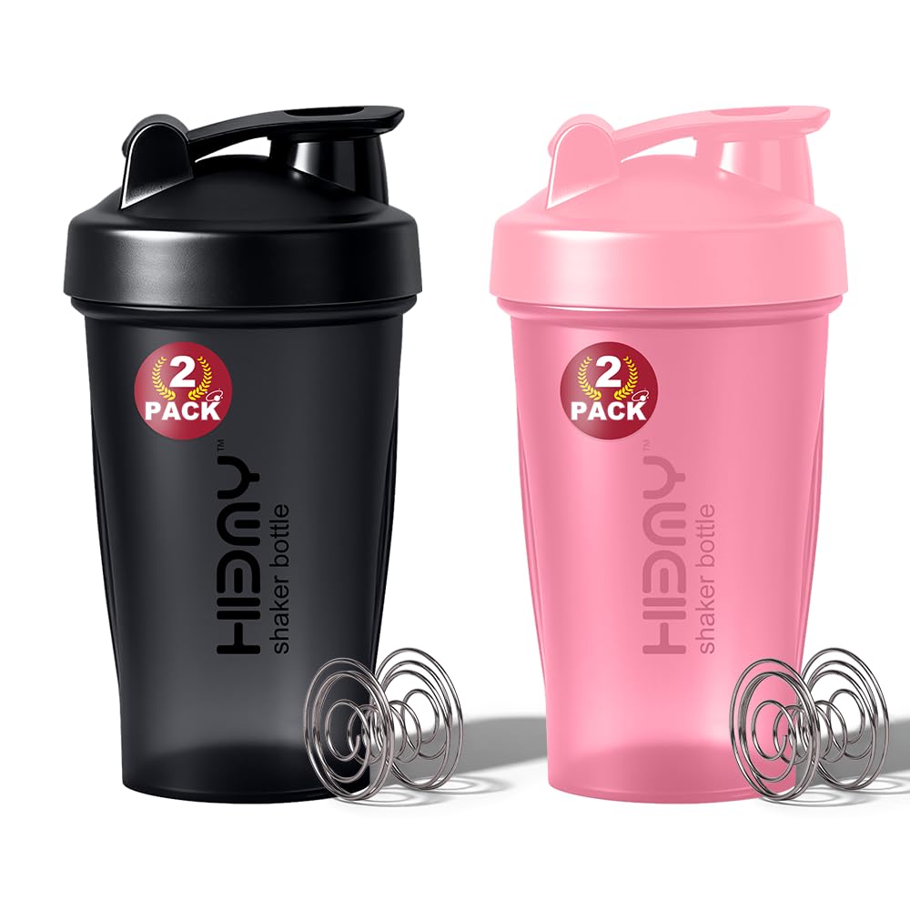 [ 2 Pack 400 ml / 12 OZ Protein Shaker Bottles for Protein Mixes, 2 x Whisk Ball | Shaker Cups for Protein Shakes | BPA Free, 100% Leak Proof, No Smell | Small Shake Bottle (E) Black/Pink