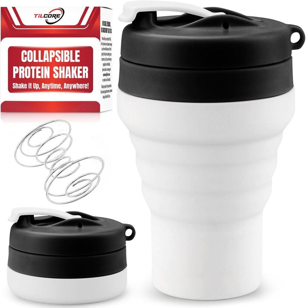Protein Shaker Bottle Collapsible - Food-Grade, Leakproof Lid 600mL/20oz Shaker - Reusable Silicone Shaker Cups for Protein Shakes for Gym-goers & Travelers