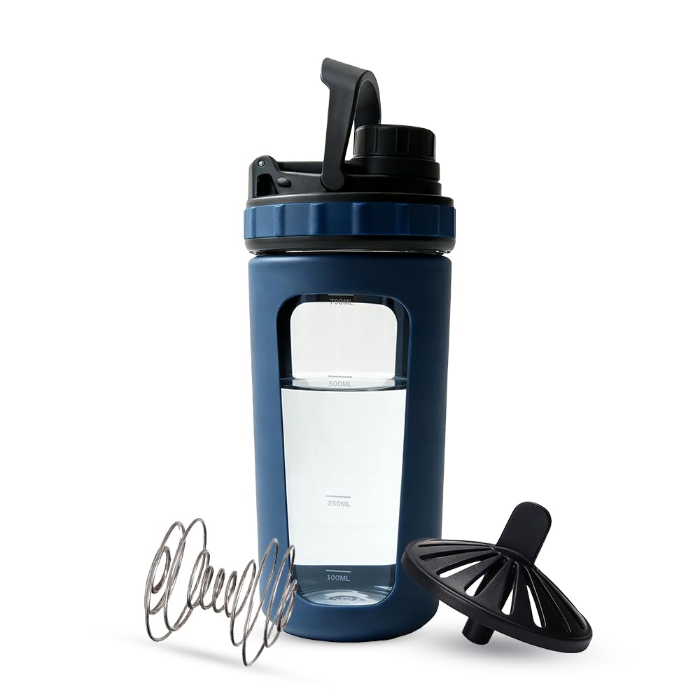 26oz Glass Protein Shaker Bottle, Stainless Steel Mixing Ball & Silicone Sleeve, Odorless, Leak-Proof, BPA-Free, Ideal for Smoothies & Workout Drinks (Steel Blue)