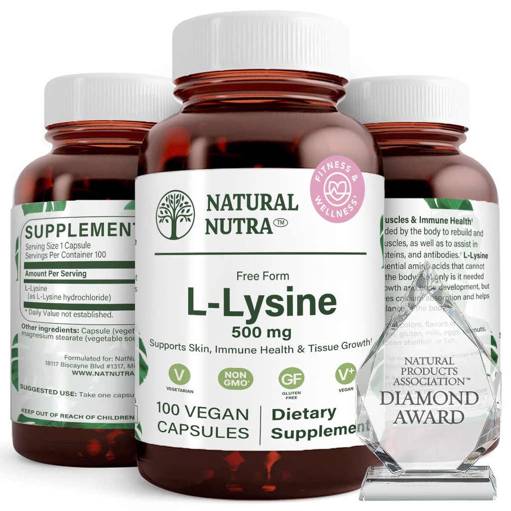 Natural Nutra L-Lysine HCl 500mg – Non-GMO, Vegan Amino Acid Supplement, Supports Immune Health & Collagen Production, 100 Capsules