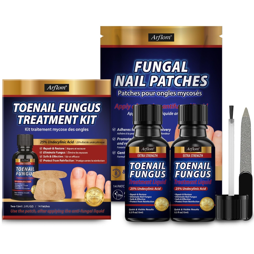 Toenail Fungus Treatment Kit: 2 Pcs Extra Strength 25% Undecylenic Acid Solution & 14 Fungal Nail Renewal Patches - for Toe Nail & Fingernail with Tea Tree Oil (0.51 Fl Oz (Pack of 2))
