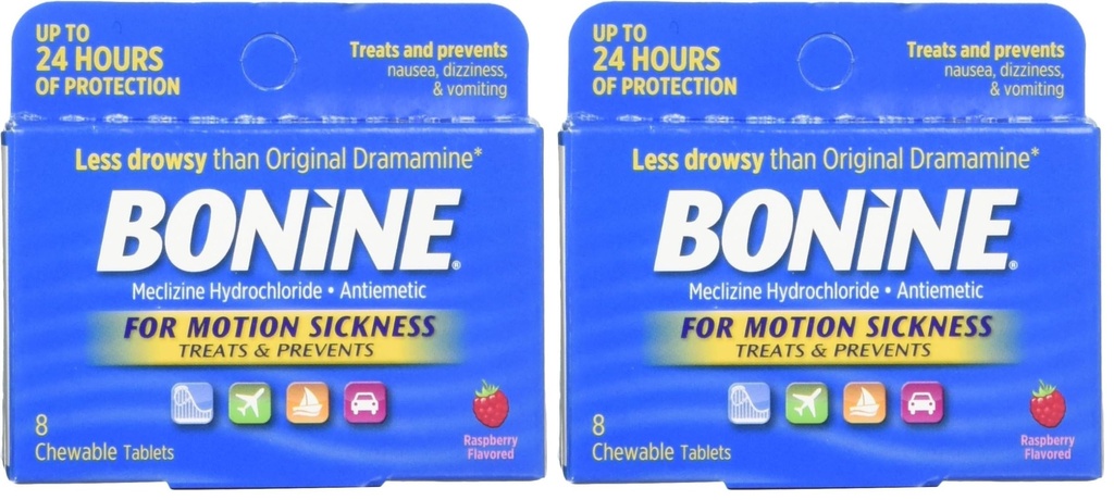 Bonine for Motion Sickness Chewable Tablets, Raspberry Flavored, 8 Each (Pack of 2)