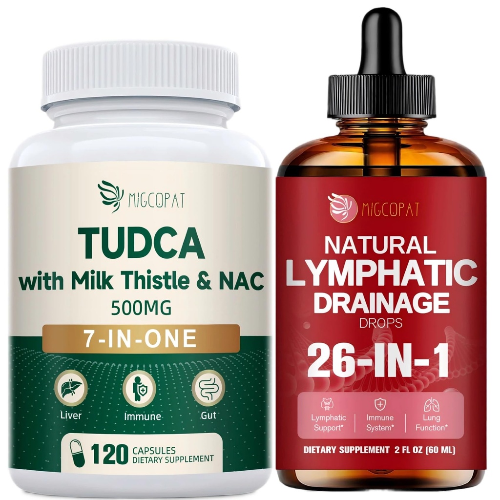 Migcopat 26-in-1 Liposomal Lymphatic Drainage Drops, Strawberry Flavor, 2 fl oz 7-in-One TUDCA Supplement, 3650mg, 120 Capsules