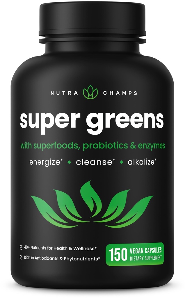 Organic Super Greens Capsules - Daily Fruits and Veggies Supplement - 150 Green & Reds Superfood Pills - 40+ Natural Whole Food Fruit & Vegetables, Prebiotic Fiber & Probiotics & Digestive Enzymes