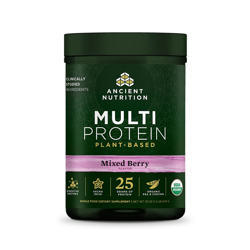 Ancient Nutrition Organic Multi Protein Plant Based Powder, 25g Protein, Hydrolyzed Pea Protein, Digestive Enzymes & Probiotics, Supports Muscle & Gut Health, Mixed Berry, 15 Servings