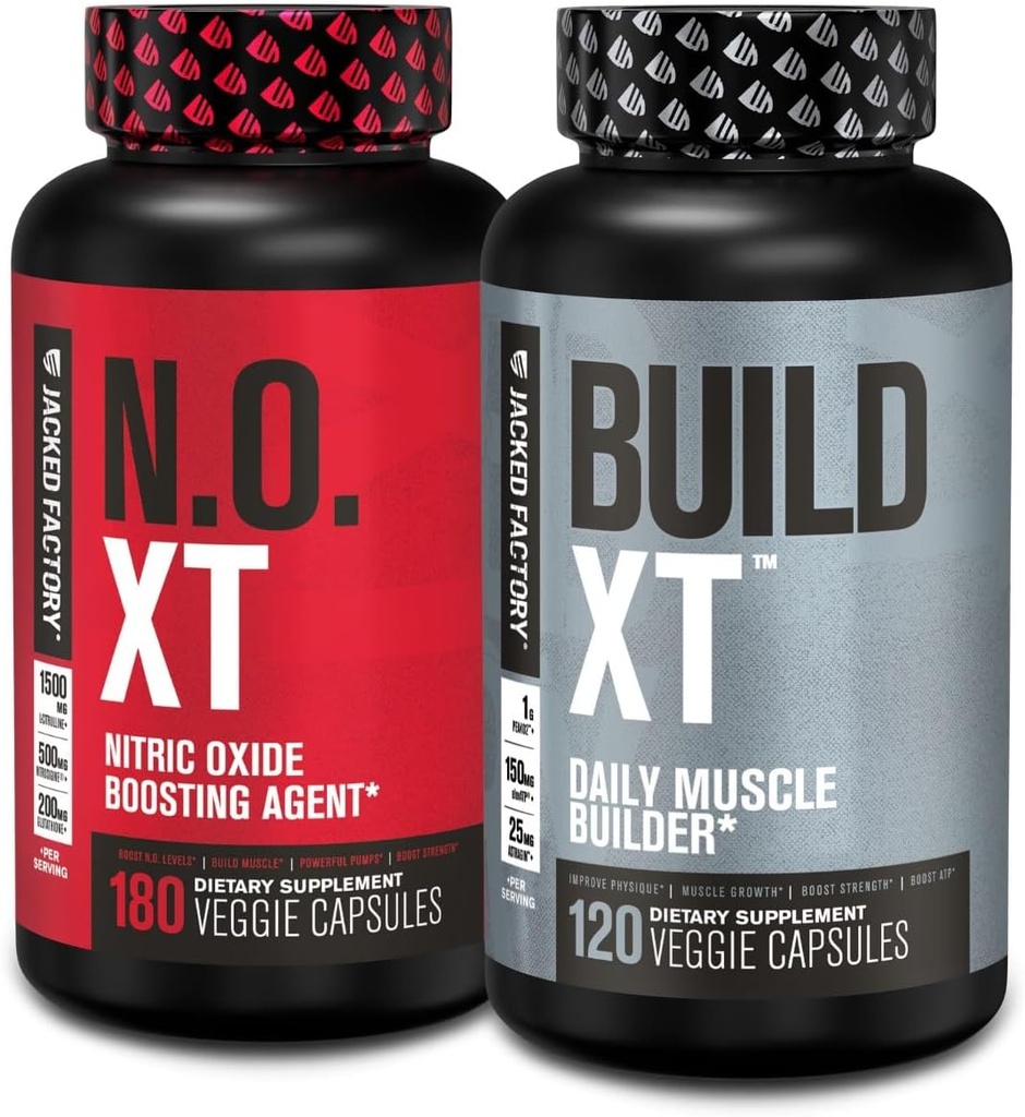 Jacked Factory Muscle Builder Supplement Stack - Build-XT Muscle Builder & N.O. XT Nitric Oxide Boosting Agent for Dual Support (60 Day Supply)