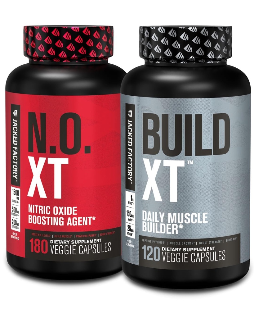 Jacked Factory Muscle Builder Supplement Stack - Build-XT Muscle Builder & N.O. XT Nitric Oxide Boosting Agent for Dual Support (60 Day Supply)
