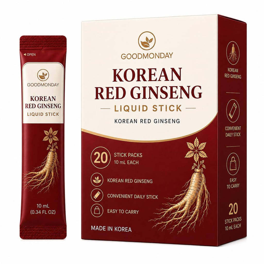 Good Monday Korean Red Ginseng Liquid Stick, Individually Packed Daily Ginseng Supplement, Convenient On-the-Go Stick Packs, 20 Sticks x 10 mL, Made in Korea