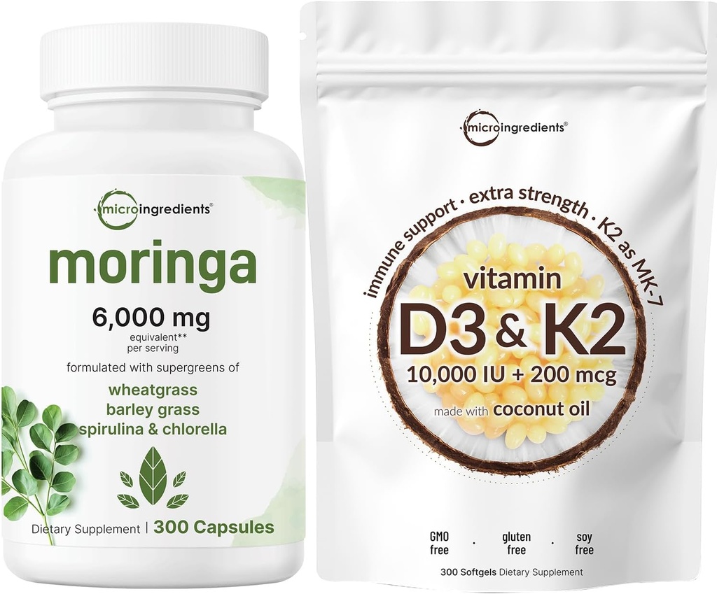 Micro Ingredients Vitamin D3 10,000iu + K2 200mcg Coconut Oil Softgels & Moringa Oleifera 6,000mg Equivalent 300 Capsules Bundle 2 Pack | Essential Sunshine Vitamins | Antioxidant Supplement