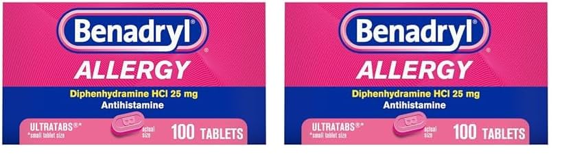Benadryl Ultratabs Allergy Medicine,25 mg Diphenhydramine HCl Antihistamine Tablets for Cold & Allergy Relief of Symptoms Like Sneezing,Runny Nose,Itchy Eyes & Throat,Hay Fever,100 Count (Pack of 2)