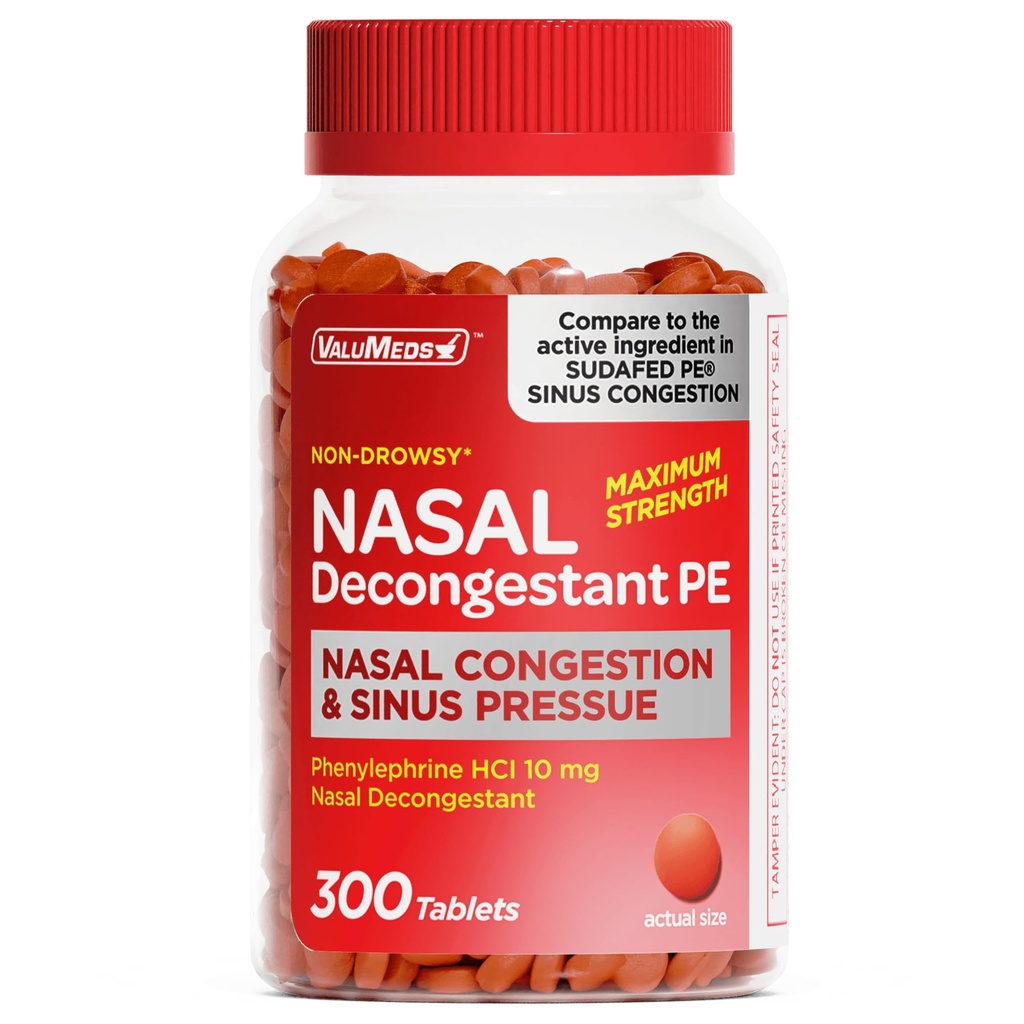 ValuMeds Nasal Decongestant PE Phenylephrine HCl 10mg Tablets (Bulk 300 Count) Non-Drowsy Sinus Pressure Relief & Nasal Congestion Relief, Stuffy Nose Decongestants for Adults | Compare to Sudafed PE