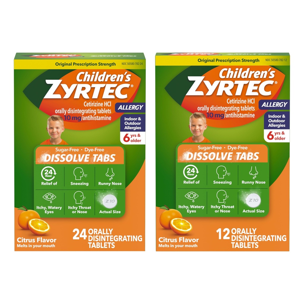 Zyrtec Children's 24 Hour Dissolving Allergy Relief Tablets with 10 mg Cetirizine Hydrochloride Antihistamine, Dissolvable Allergy Medicine for Kids Ages 6 Years+, Citrus, 24 + 12 ct