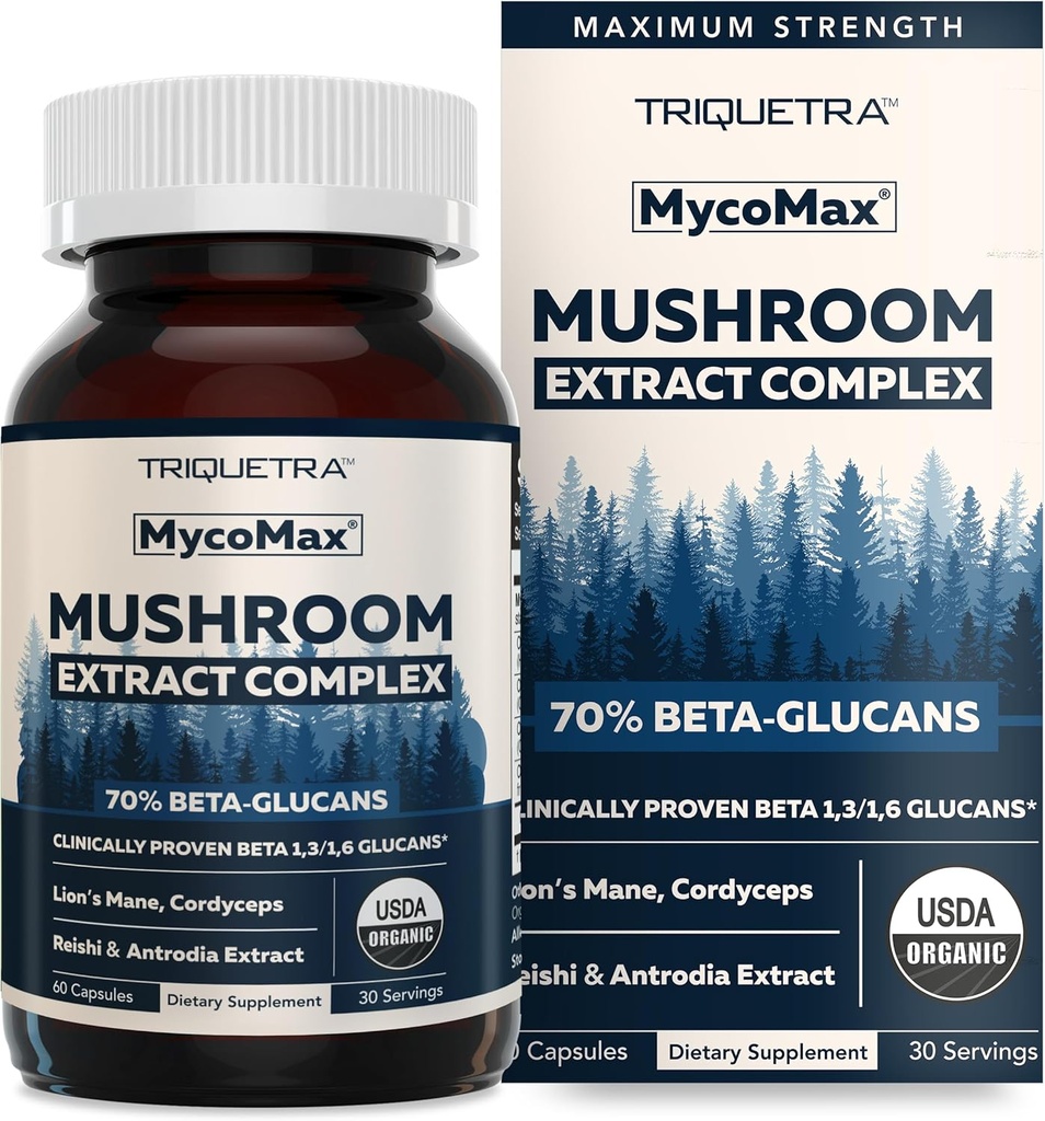 MycoMax Mushroom Kompleksi - 70% Beta Glucans, Max Potency Mushroom Supplement, US Grown + Ultrasonik çıxış - Lions Mane, Cordyceps, Reishi & More - Cognition, Immunity, Energy - 60 kapsul