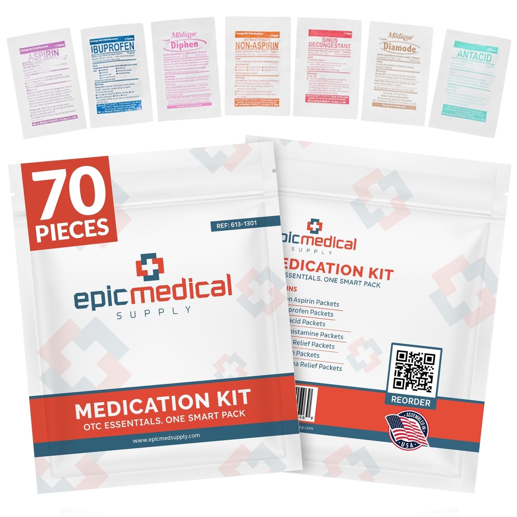 Epic Medical Supply First Aid Kit Medication Refill – 70-Count Unit Dose Packets – Emergency Medicine Kit Pills for 1st Aid Kit Refills, Travel, Office, Dorm, Camping – Assembled in USA (70 Pieces)