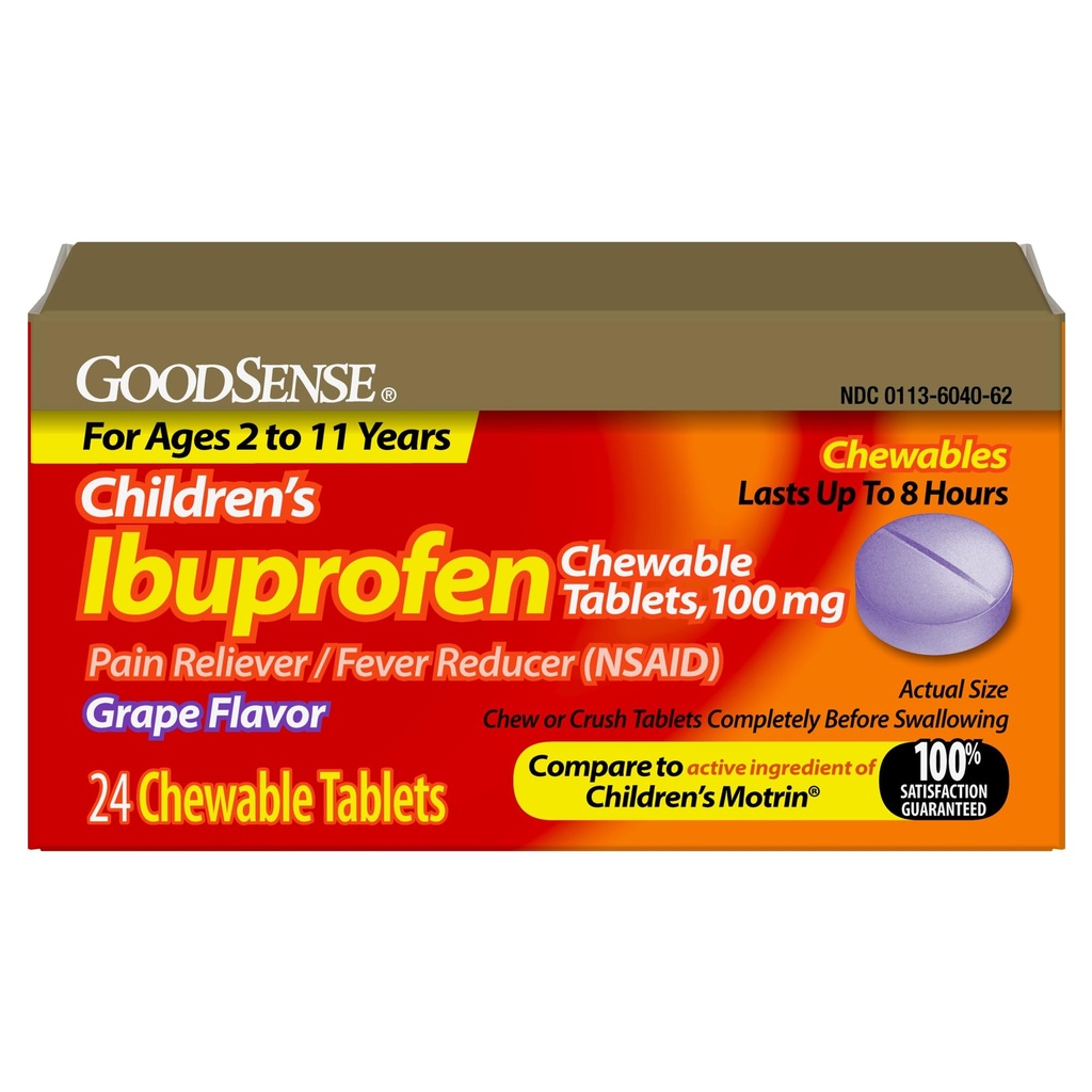 GoodSense Children's Ibuprofen Chewable Tablets, 100 mg, Grape Flavor, Pain Reliever and Fever Reducer (NSAID), 24 Count