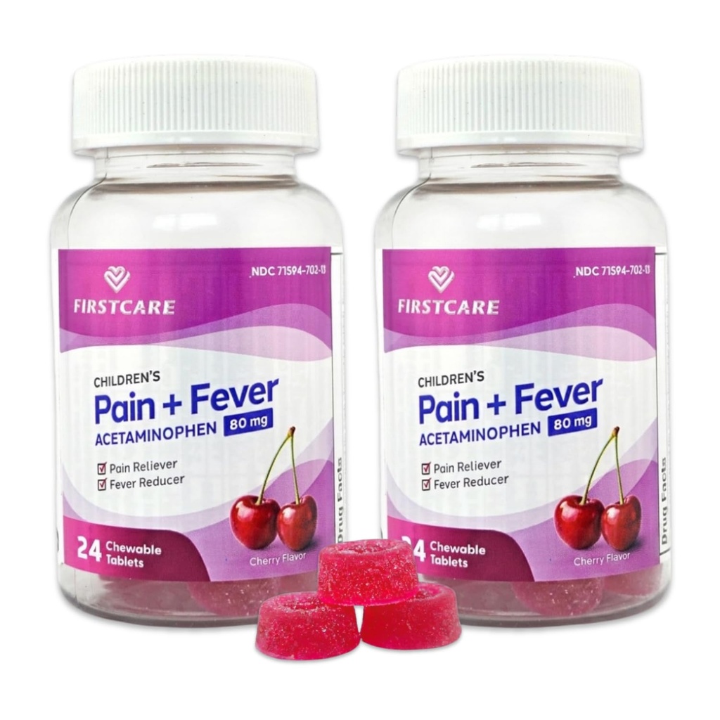 FirstCare Children’s Pain Reliever & Fever Reducer, Gummy-Like Soft Chewable Tablets, Easy-to-Take Acetaminophen 80 mg for Kids Ages 2–11, Cherry Flavor, 24 Count (Pack of 2)