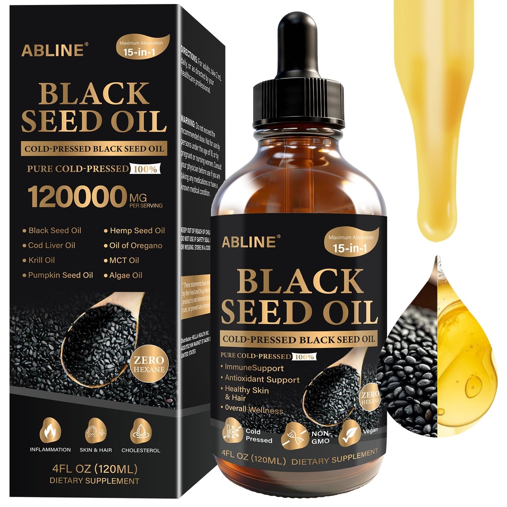 Black Seed Oil 15-in-1 Liquid Drops with Nigella Sativa, Fish Oil, Krill, Cod Liver, Algae DHA, Flaxseed, Pumpkin, MCT, Garlic, Oregano, – Omega 3 6 9 Supplement for Immune, Heart & Brain – 4 fl oz