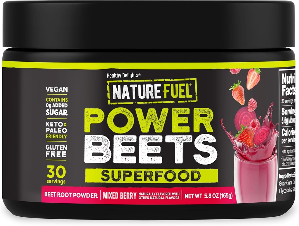 Saúde Delicias Natural Fuel Power Beets, Vegan Beet Juice Powder, Beet Powder for High Blood Pressure, 0g Engadido Sugar, Beet Root Supplement, Beetroot, Mixed Berry, 30 Serviciones (Packaging May Vary)