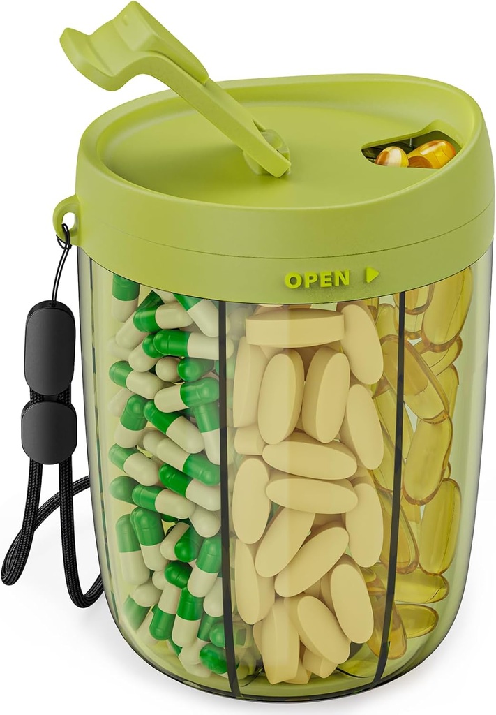 PULIV Large Pill Bottle Organizer, Supplement Organizer för Holding 6 Olika vitaminer, Pill Box Case med Anti-Mixing & Wide Opening Design, Lätt att hämta Meds och 20 Pcs Stick-on Labels, Green