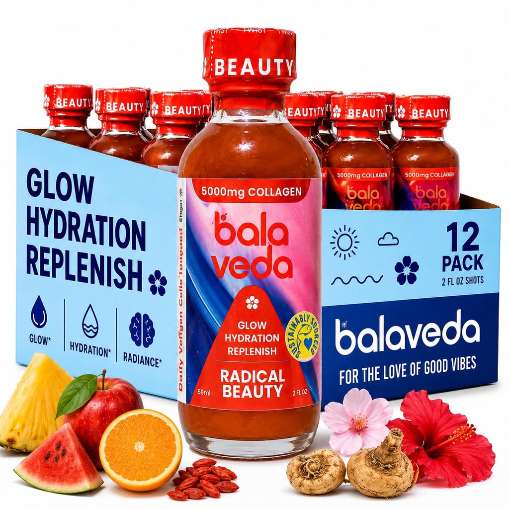 balaveda Radical Beauty Marine Collagen Shot, Watermelon, 2oz 12 Pack | Goji, Maca, Lotus + Watermelon, Marine Collagen Wellness Shots, 2 fl oz Glass Bottles