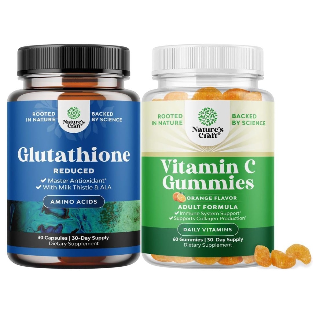 Bundle of Reduced Glutathione Supplement with Milk Thistle - 500 mg per Serving Pure L Glutathione and Chewable Vitamin C Gummies for Adults - Ascorbic Acid Natural Gummy Immune Booster & Cold Remedy