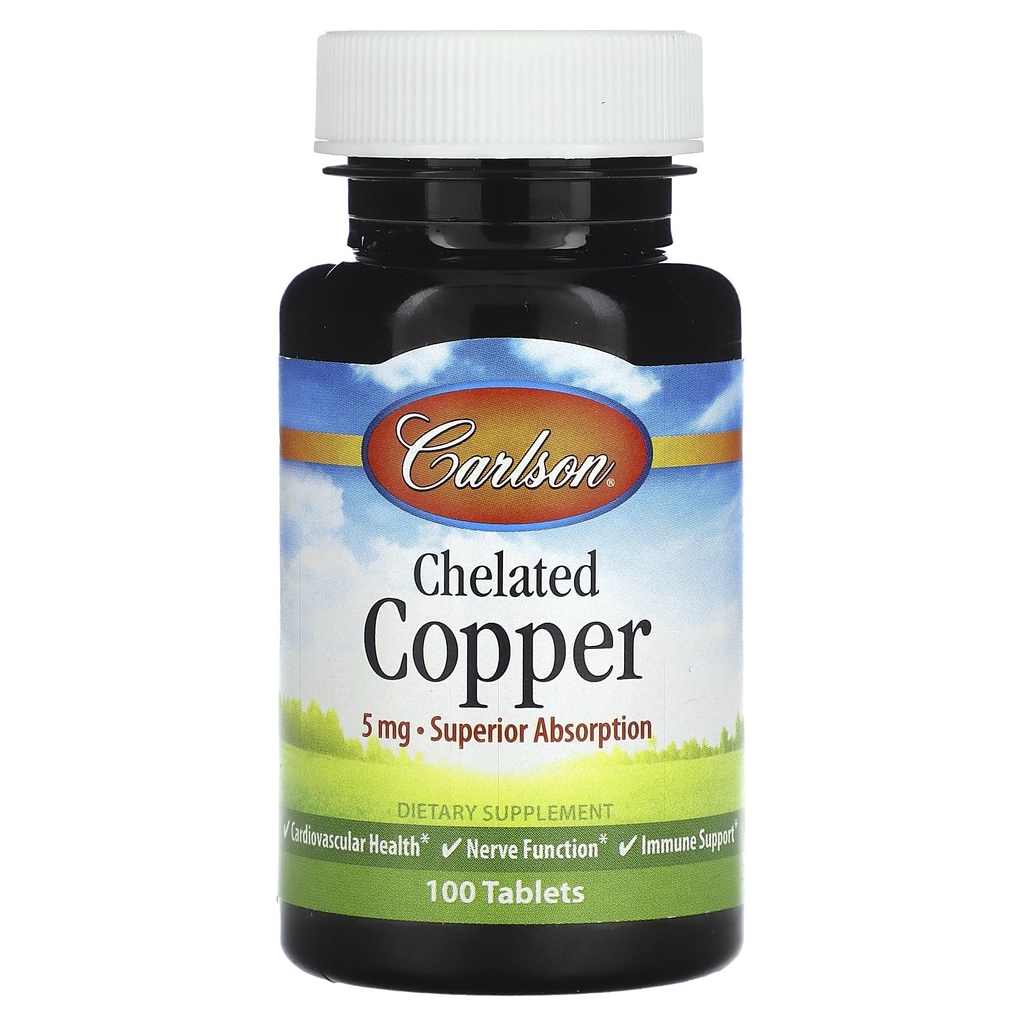 Carlson - Chelated Copper, 5 mg, Superior Absorption, Cardiovascular Health, Nerve Function & Immune Support, 100 Tablets