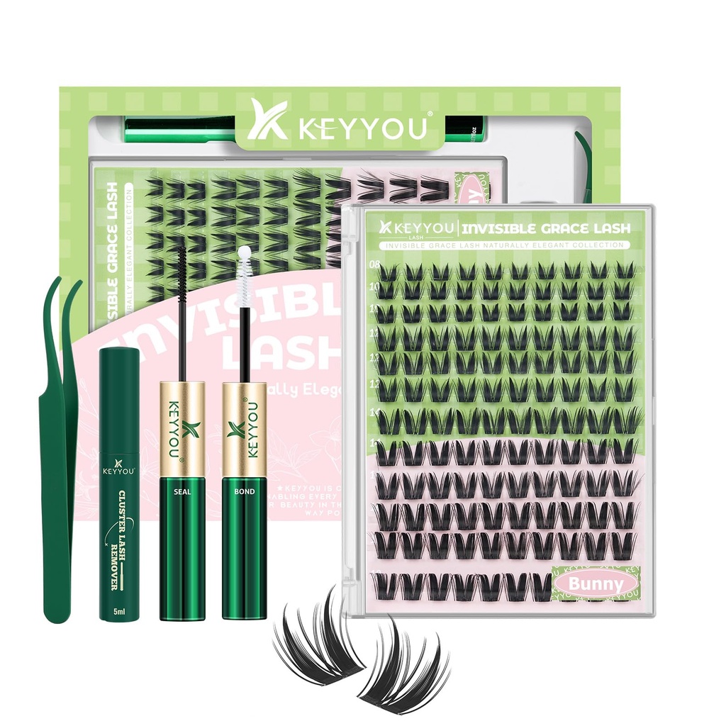 KEYYOU Bunny Lash Clusters Kit DIY Individual Lashes Extension at Home | Natural Wispy C Curl 8-16 Mix.Reusable Waterproof Eyelash Clusters for Beginners .Office Party Daily Wear